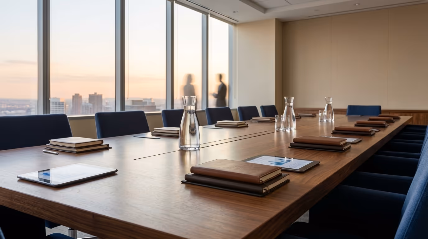 A boardroom set for a meeting, city skyline through floor-to-ceiling windows.