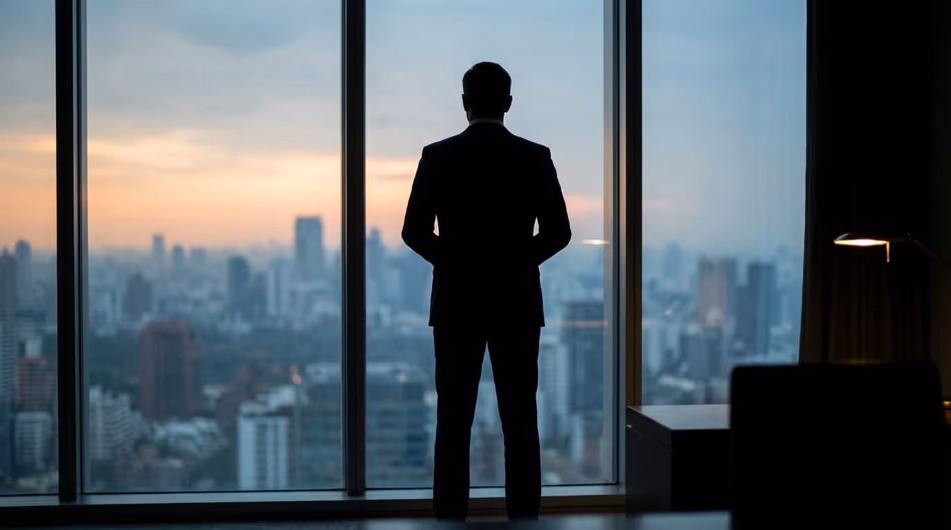 A figure in silhouette at a high window, looking out over a city at dusk.