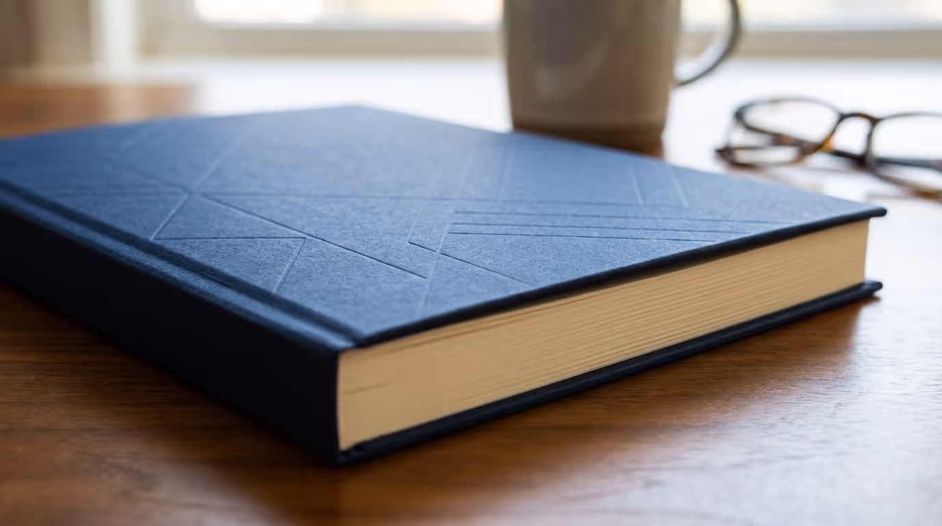 A bound navy report resting closed on a desk beside a pair of glasses.