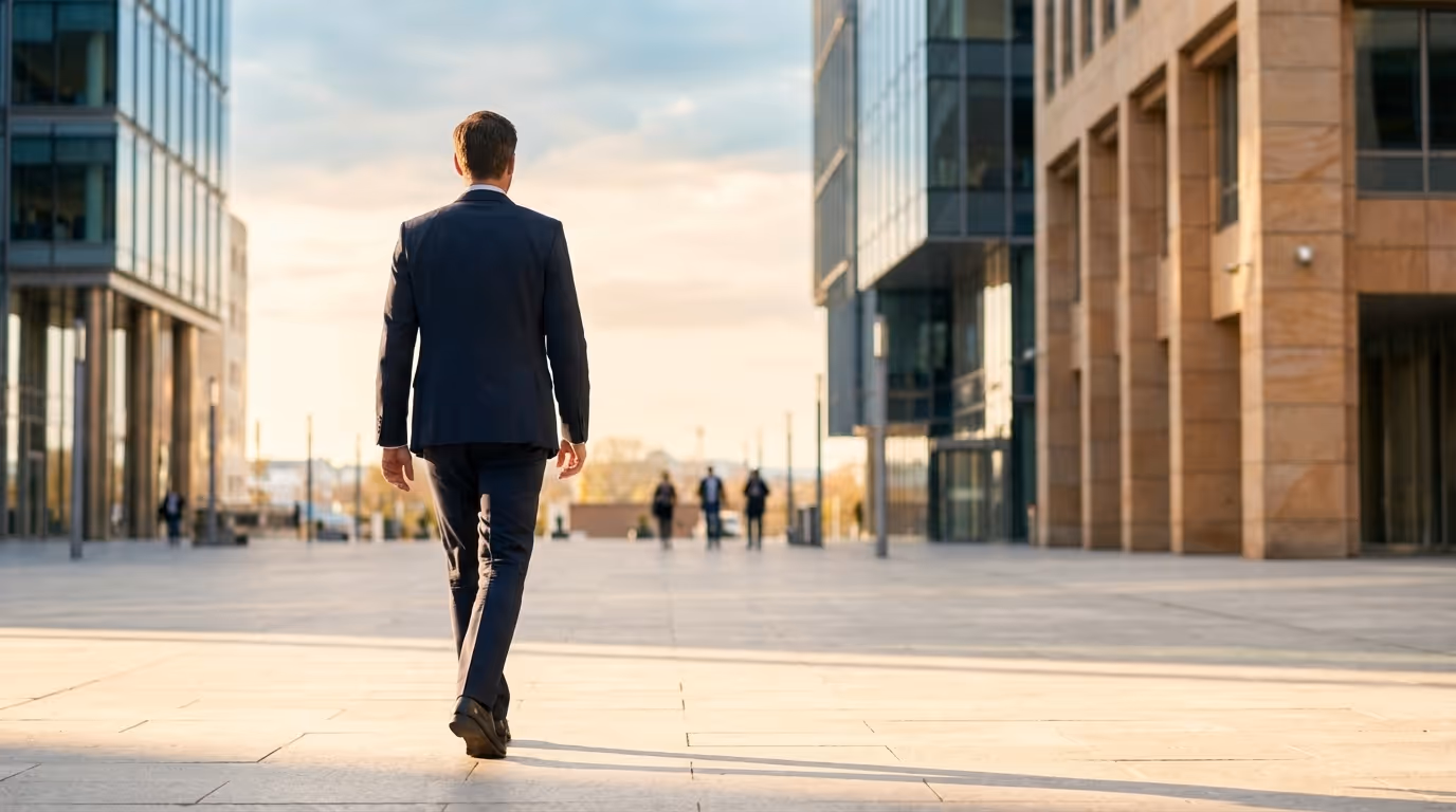A person walking out across an open plaza between glass office buildings.